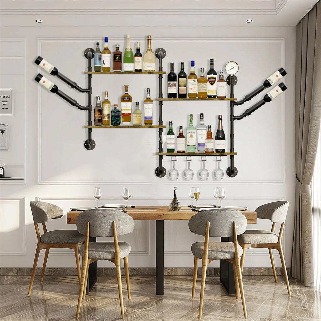Industrial Pipe Wall Mounted Wine Rack Holder Corner Wine Storage Shelf 4 Tiers