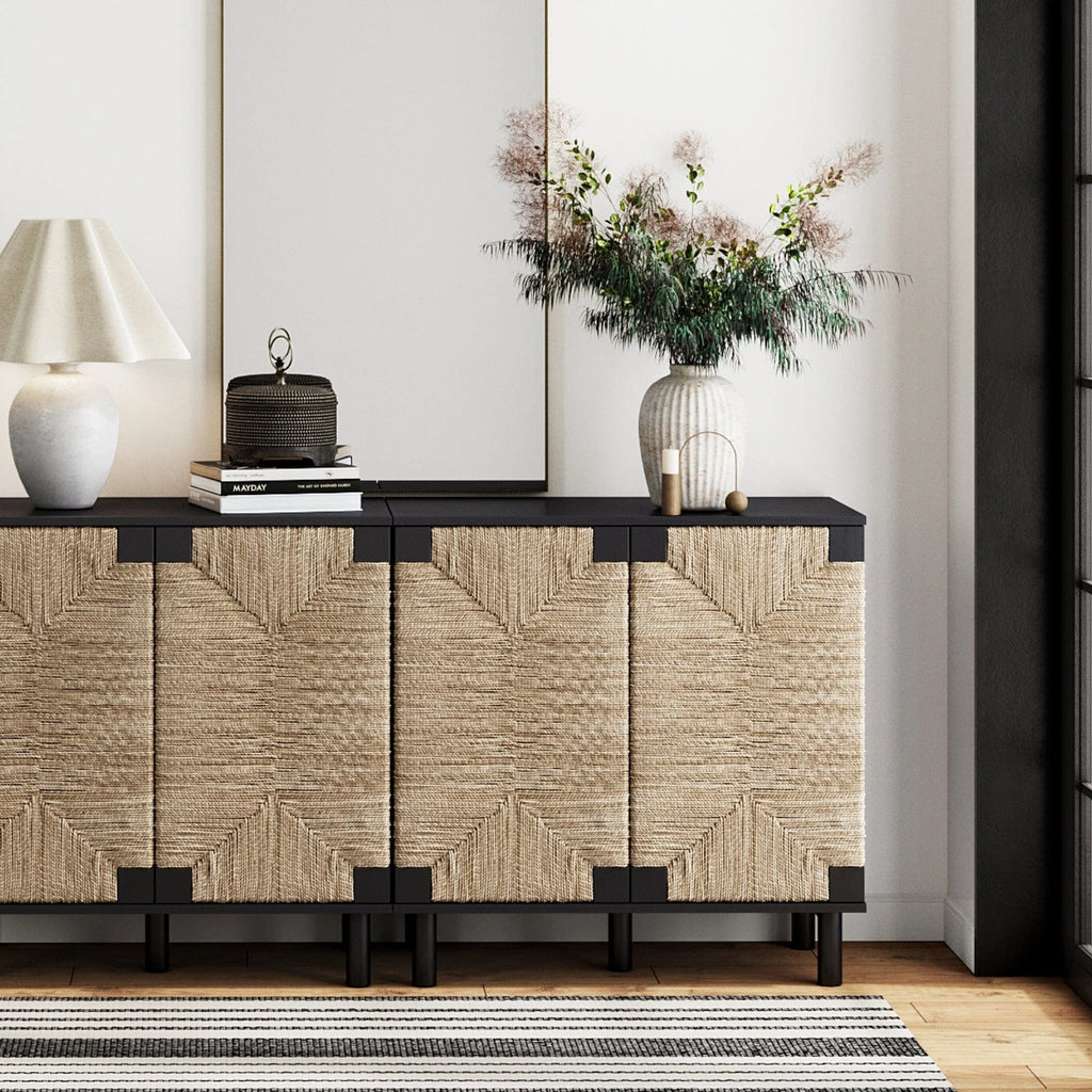 Nathan James Beacon Wood Accent Cabinet with Seagrass Doors and Adjustable Shelf