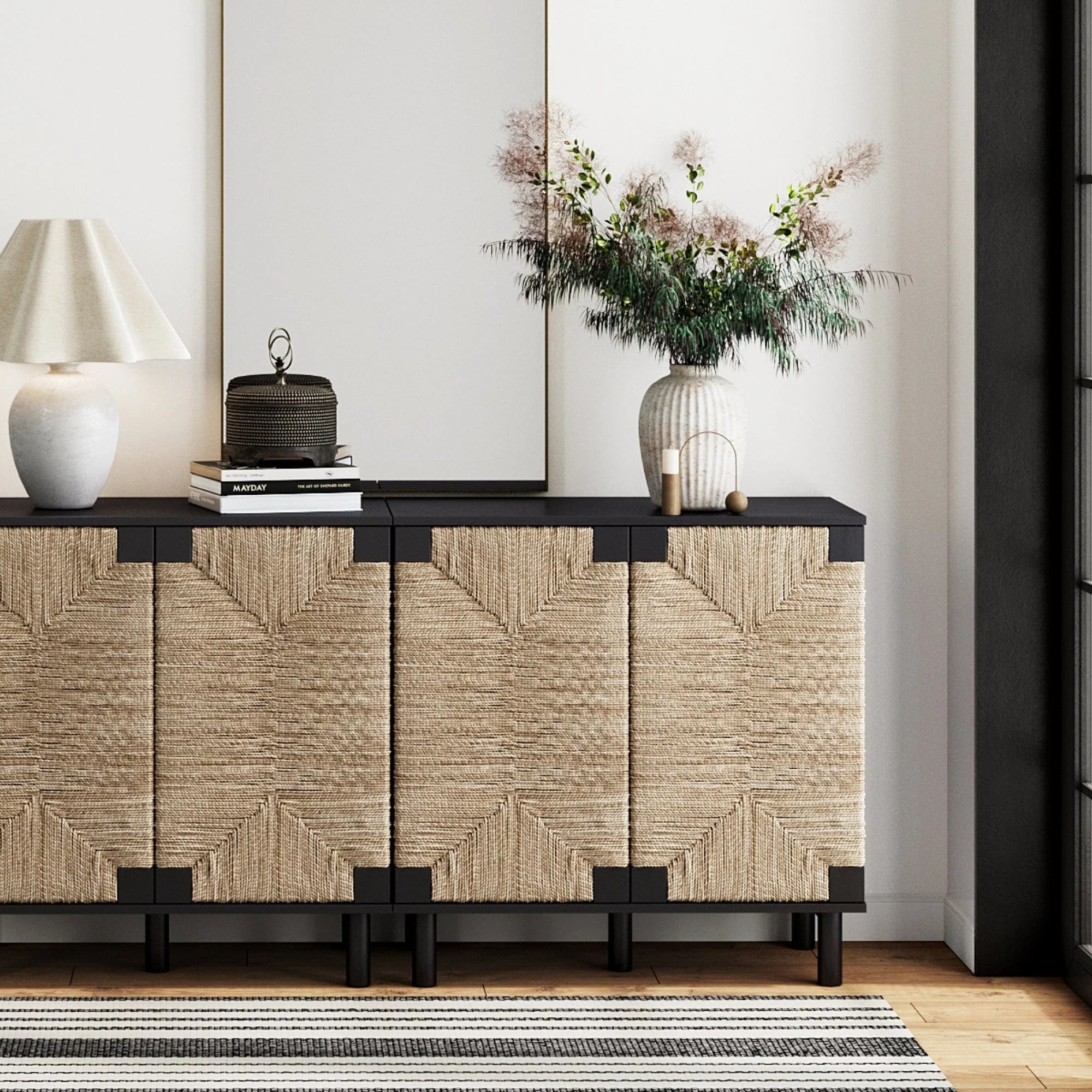 Nathan James Beacon Wood Accent Cabinet with Seagrass Doors and Adjustable Shelf