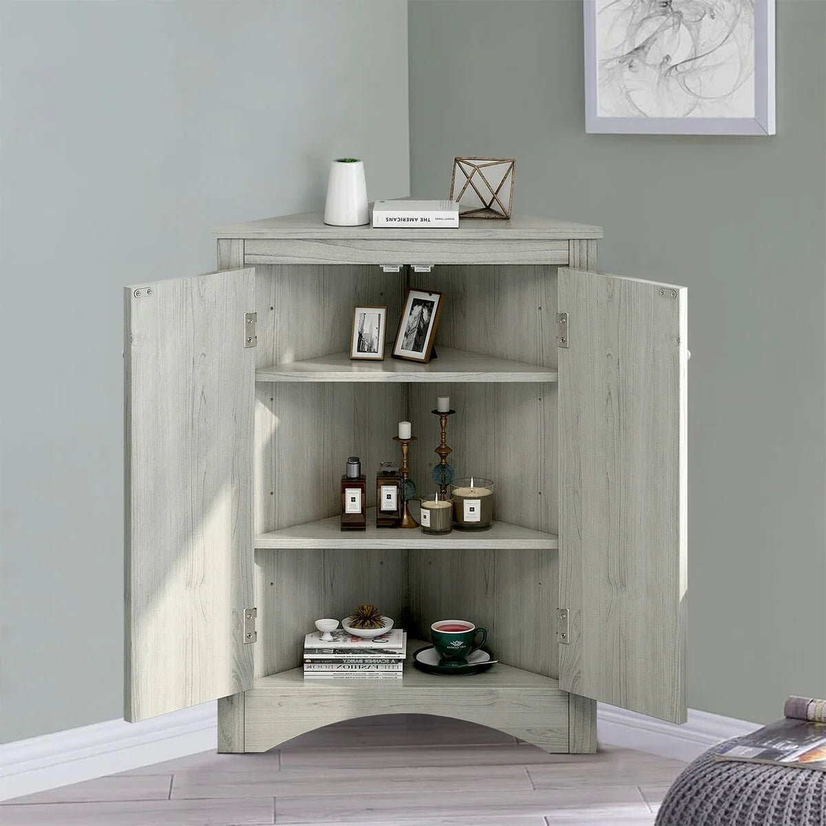 Modern Stylish Triangle Corner Storage Cabinet with Two Adjustable Internal Shelves