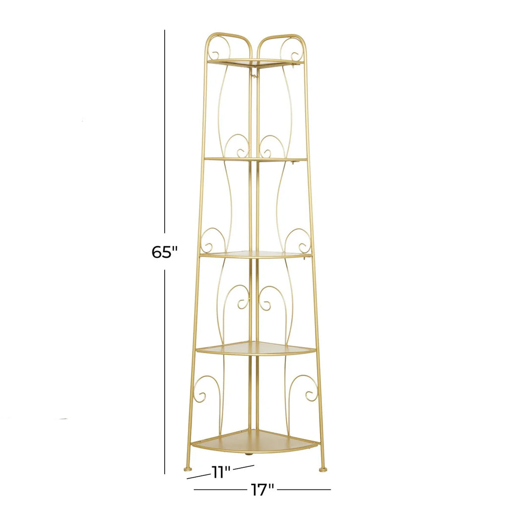 Metal Scroll Indoor Outdoor Tall Folding 5 Shelves Bakers Rack - Gold or White - Roche River Decor