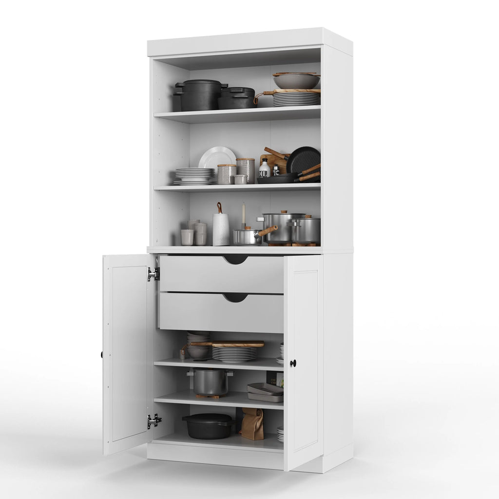 100% Solid Wood Kitchen Pantry Cabinet with 2 Clear Glass or Solid Wood Doors and 2-Drawer Organizer by Palace Imports