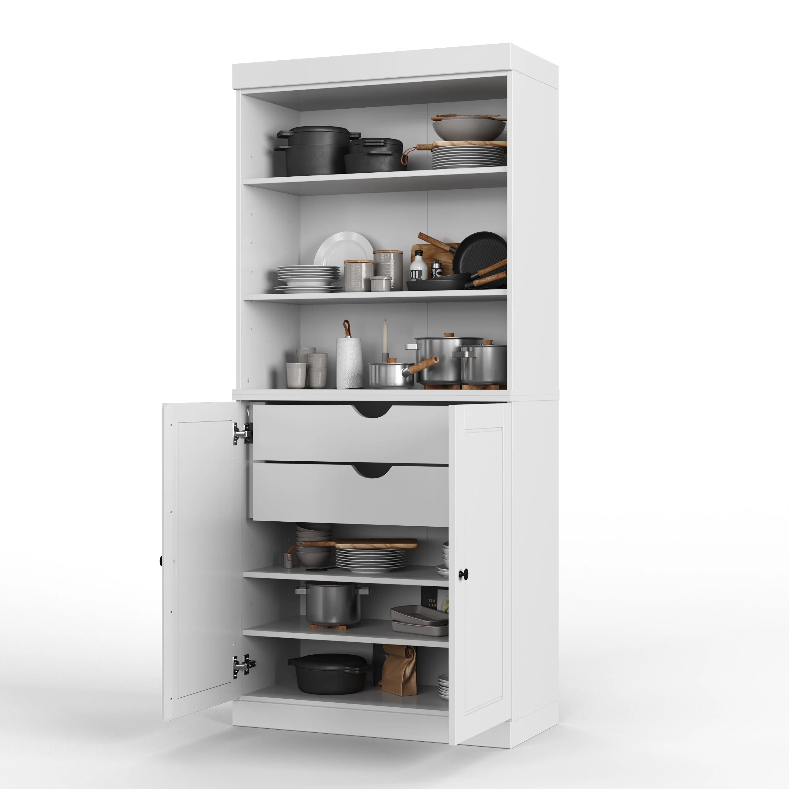 100% Solid Wood Kitchen Pantry Cabinet with 2 Clear Glass or Solid Wood Doors and 2-Drawer Organizer by Palace Imports
