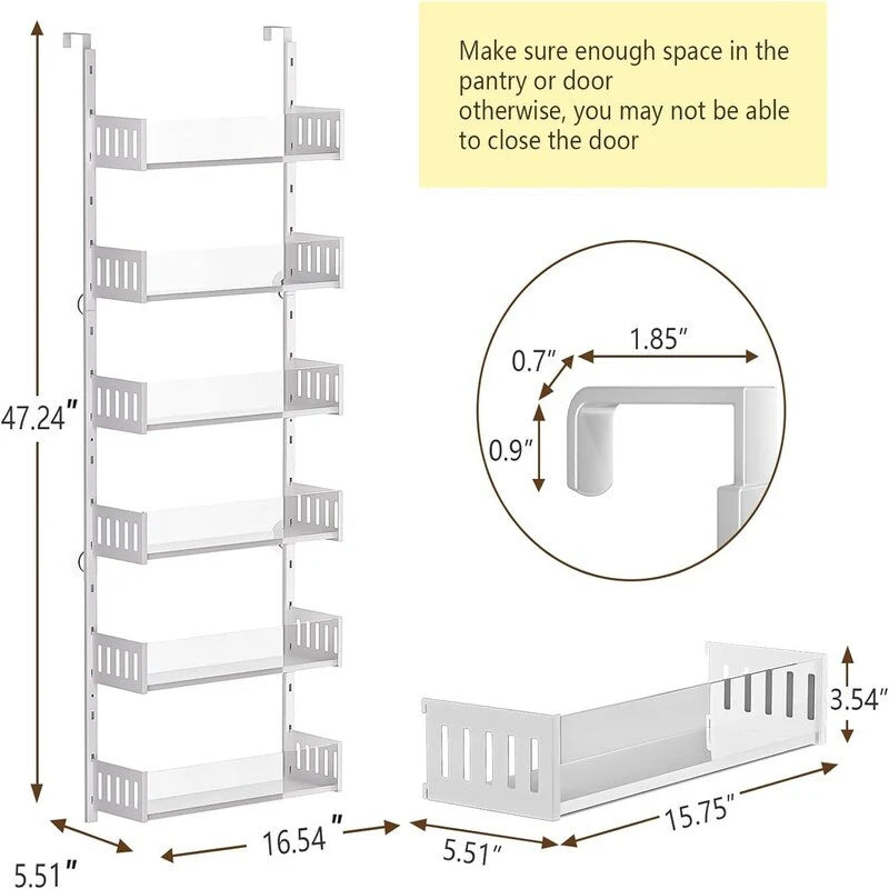 6Tier Over the Door Pantry Organizer with Sturdy Metal Shelves - 5.51"D x 16.54"W x 47.24"H