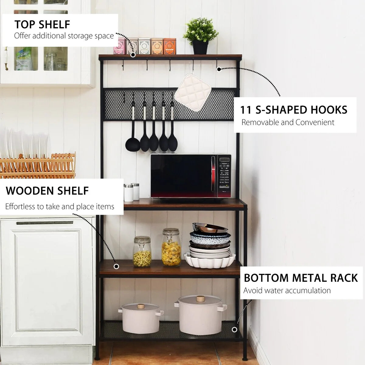 4-Tier Bakers Rack Kitchen Rack Stand with Hooks and Mesh Panel