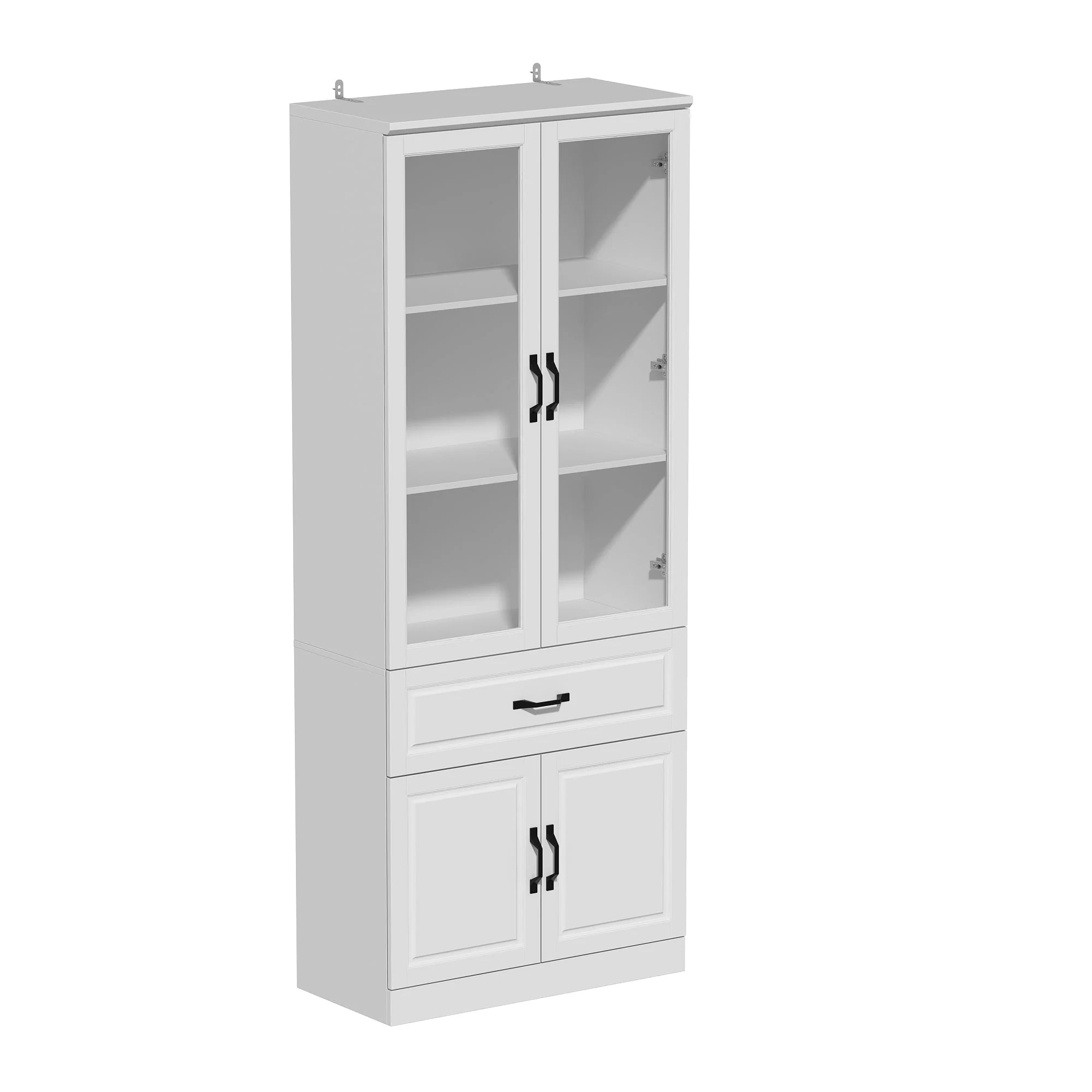78.7"Modular White Curio Bookcase Cabinet w/Glass Doors Buffet Display