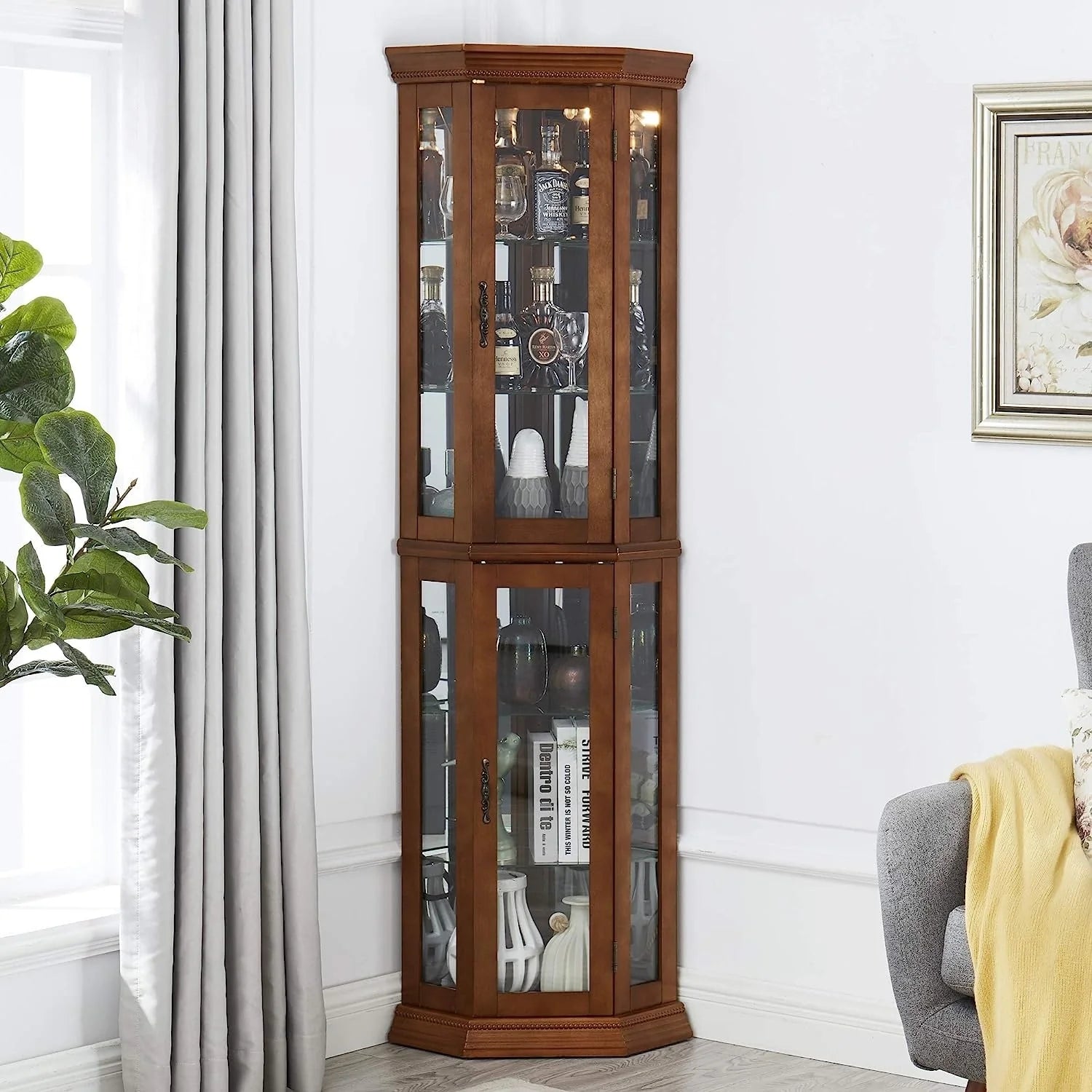 Corner Curio Cabinet with Lights Adjustable Tempered Glass Shelve
