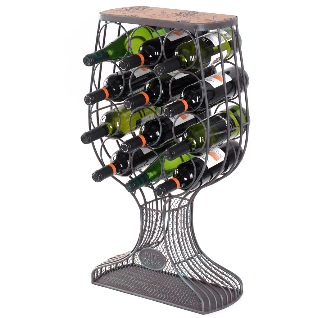 Freestanding Floor Wine Rack with Wooden and Metal Goblet Design - Holds 12 Bottles