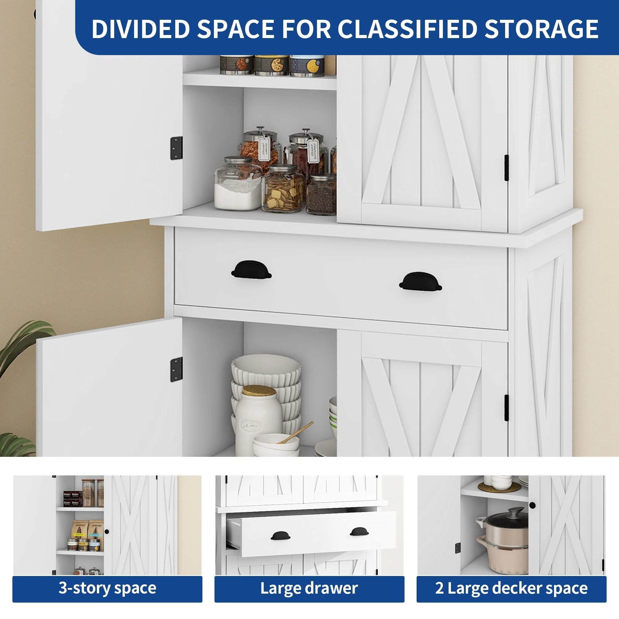 Moasis Farmhouse Freestanding 72'' Kitchen Pantry Storage Cabinet Cupboard with Drawer Adjustable Shelves