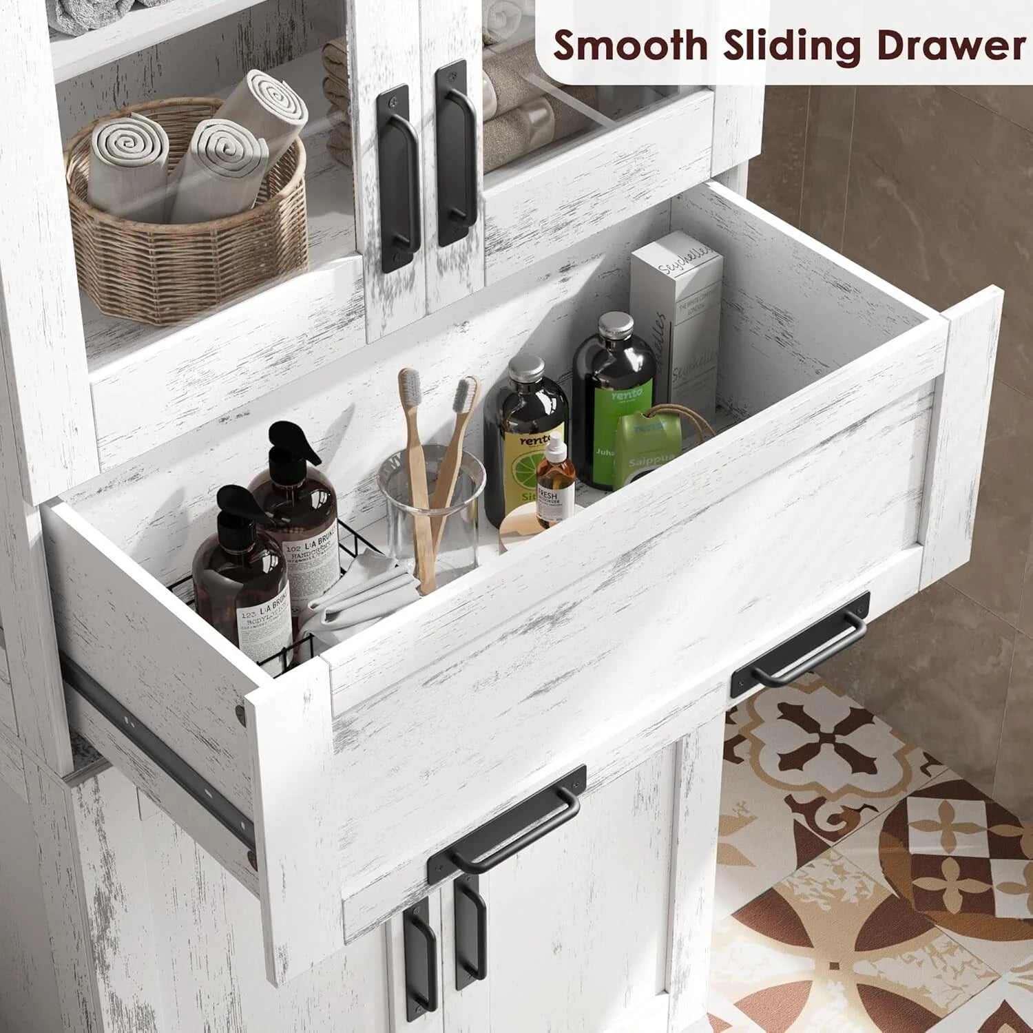 Tall Bathroom Cabinet, Freestanding Storage Cabinet with Glass Doors
