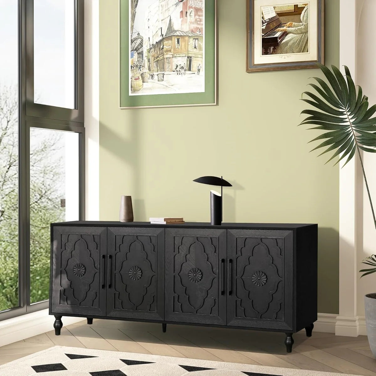 Roomfitters Carved Flower Door Large Storage Cabinet with Metal Handle - Perfect for Living Room, Kitchen, Entryway
