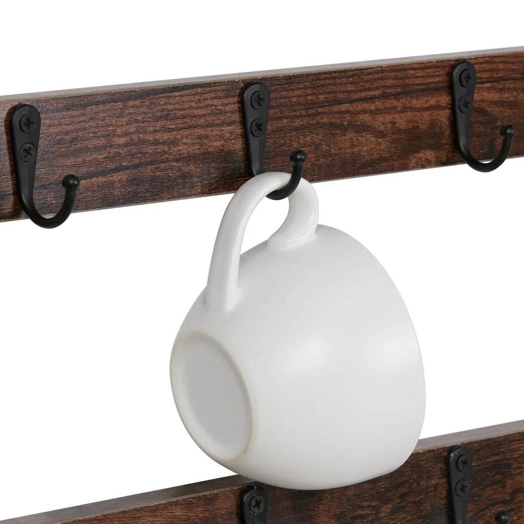 Coffee Mug Display Rack Wall Mounted Shelf with 12 Hooks for Kitchen