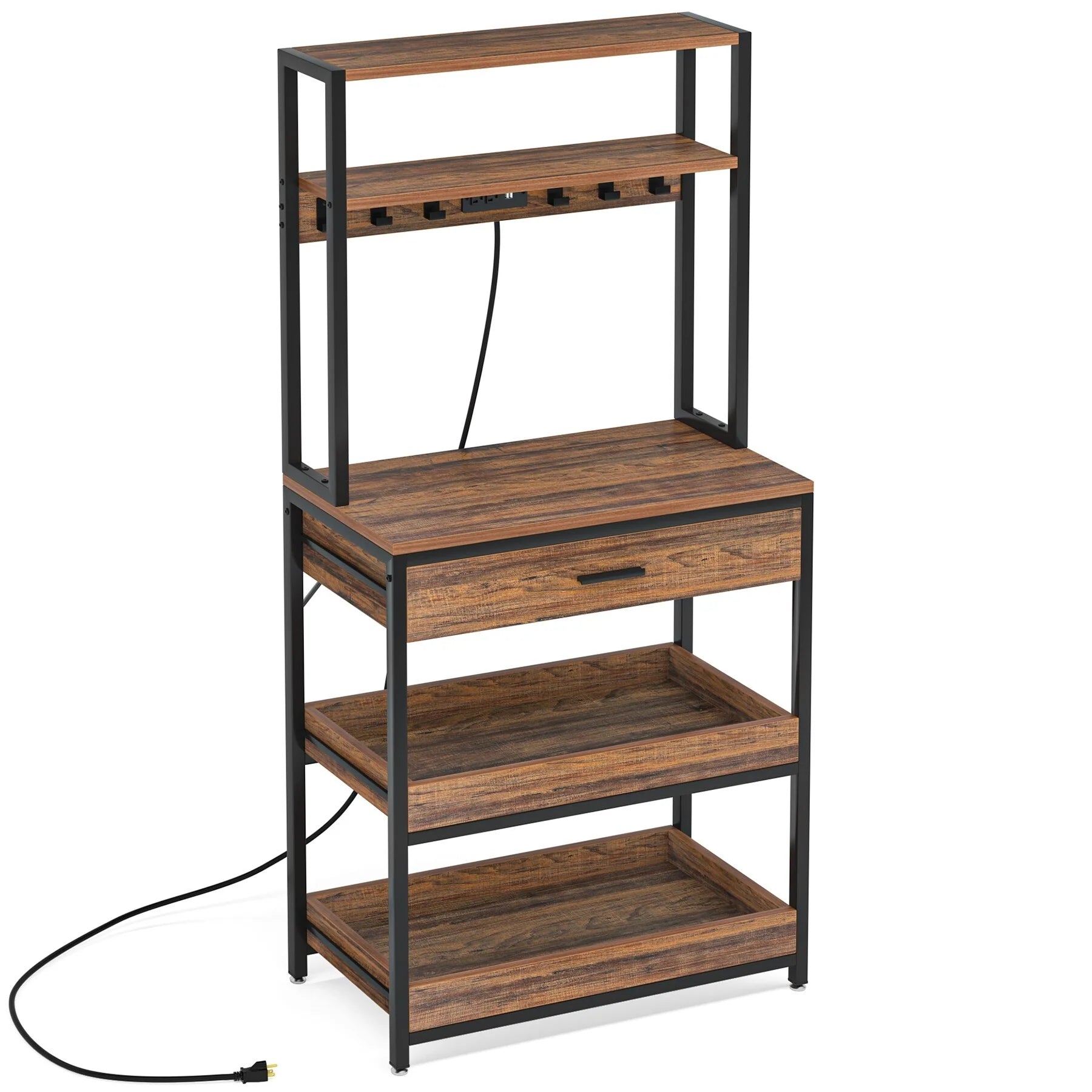 Kitchen Bakers Rack with Power Outlets, High Utility Storage Shelves Microwave Stand with Drawers