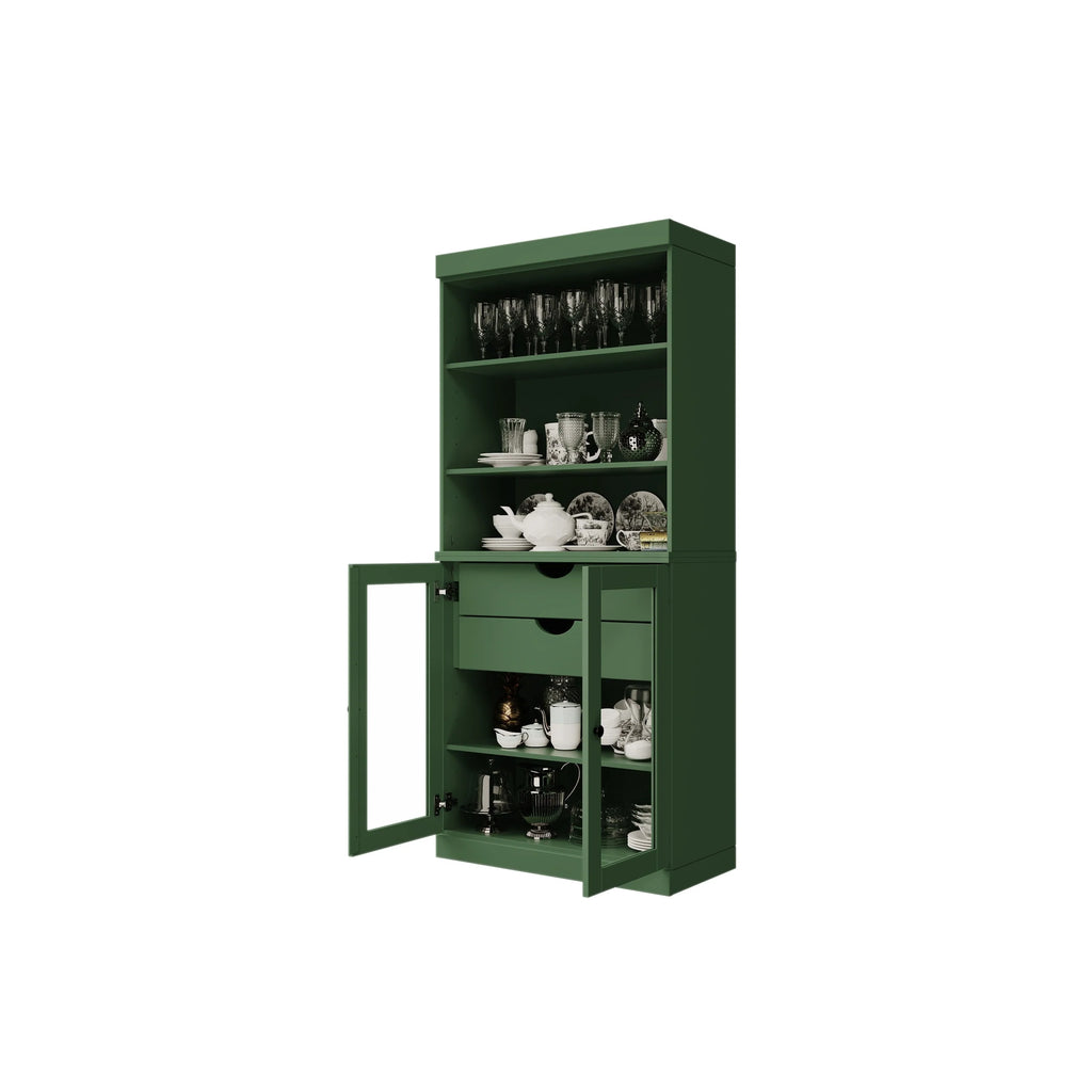 100% Solid Wood Kitchen Pantry Cabinet with 2 Clear Glass or Solid Wood Doors and 2-Drawer Organizer by Palace Imports
