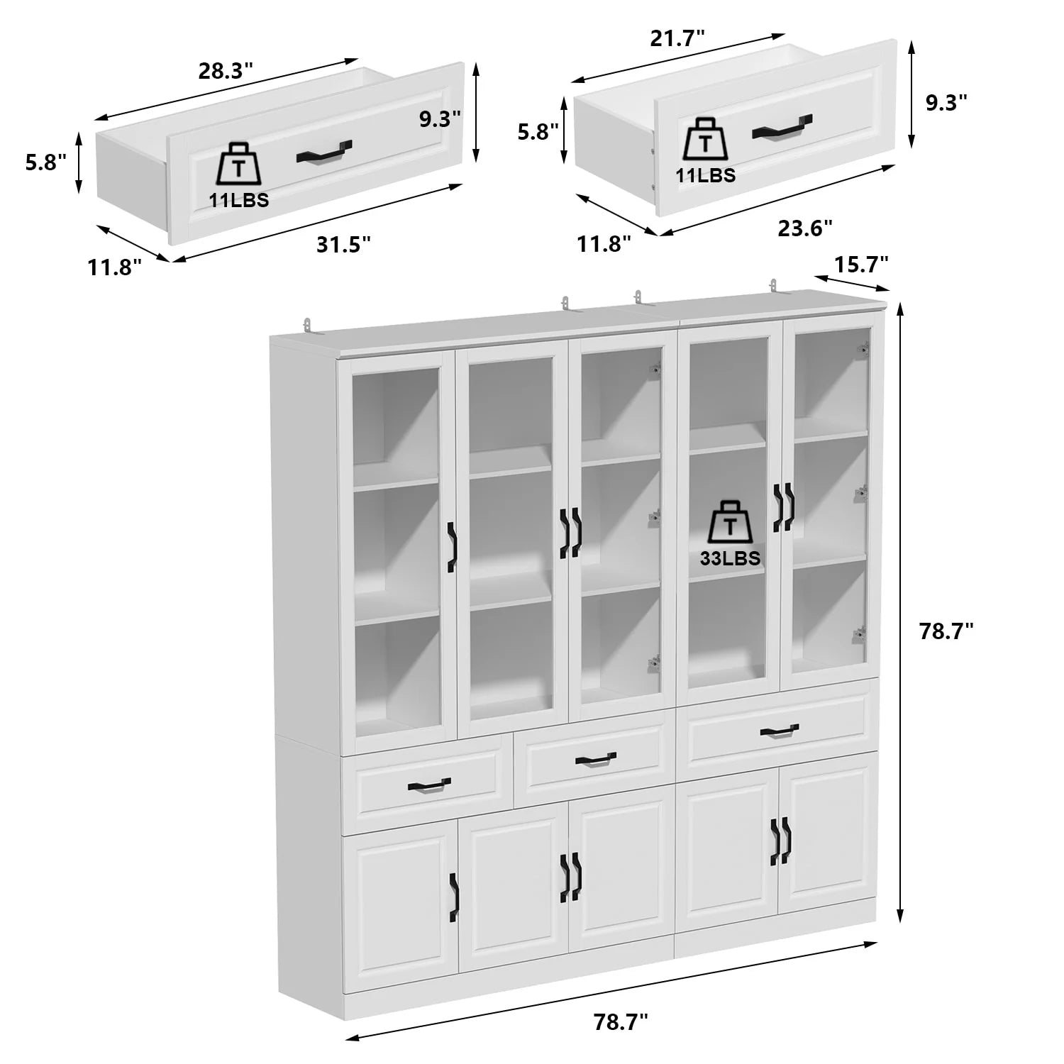 78.7"Modular White Curio Bookcase Cabinet w/Glass Doors Buffet Display