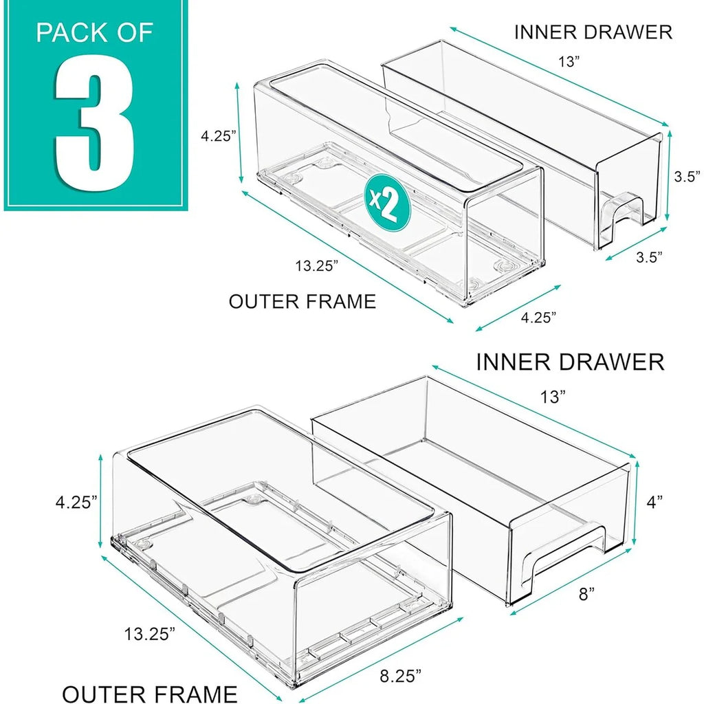 Sorbus Fridge Drawers Clear Stackable Pull-Out Refrigerator Food Kitchen Freezer Vanity - 1 Medium, 2 Small Bins (3 Pack)