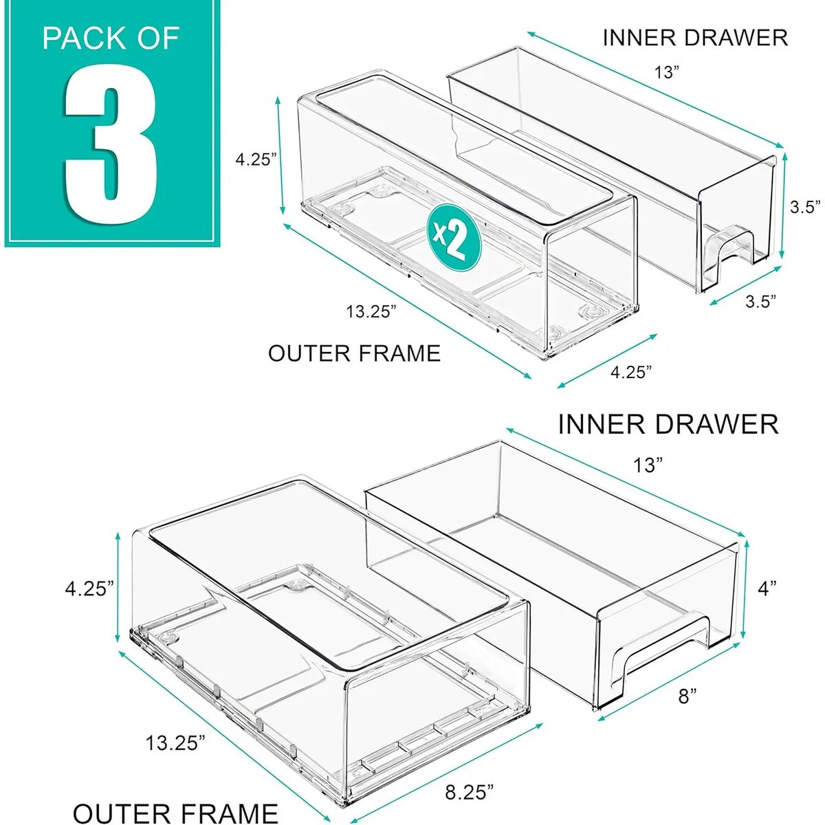 Sorbus Fridge Drawers Clear Stackable Pull-Out Refrigerator Food Kitchen Freezer Vanity - 1 Medium, 2 Small Bins (3 Pack)