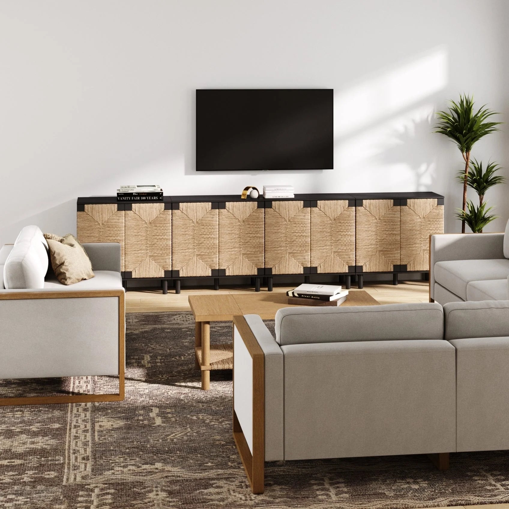 Nathan James Beacon Wood Accent Cabinet with Seagrass Doors and Adjustable Shelf