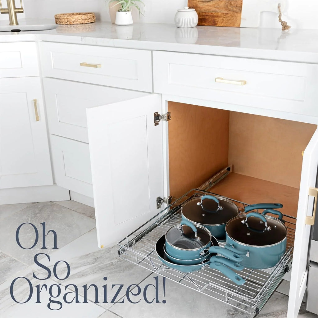 Pull Out Cabinet Drawer Organizer, Heavy Duty- Steel Metal- Chrome Finish