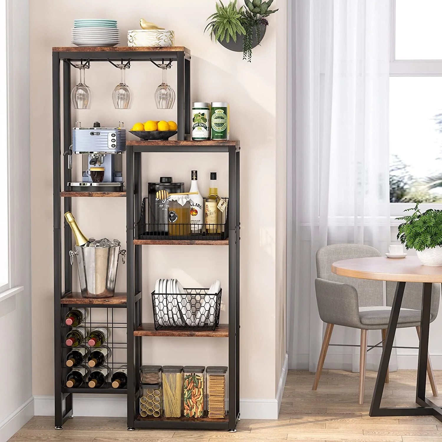 5-Tier Freestanding Floor Wine Baker Rack with Glass Holder & Wine Storage, Industrial Wine Display for Bar, Dining Room - N/A