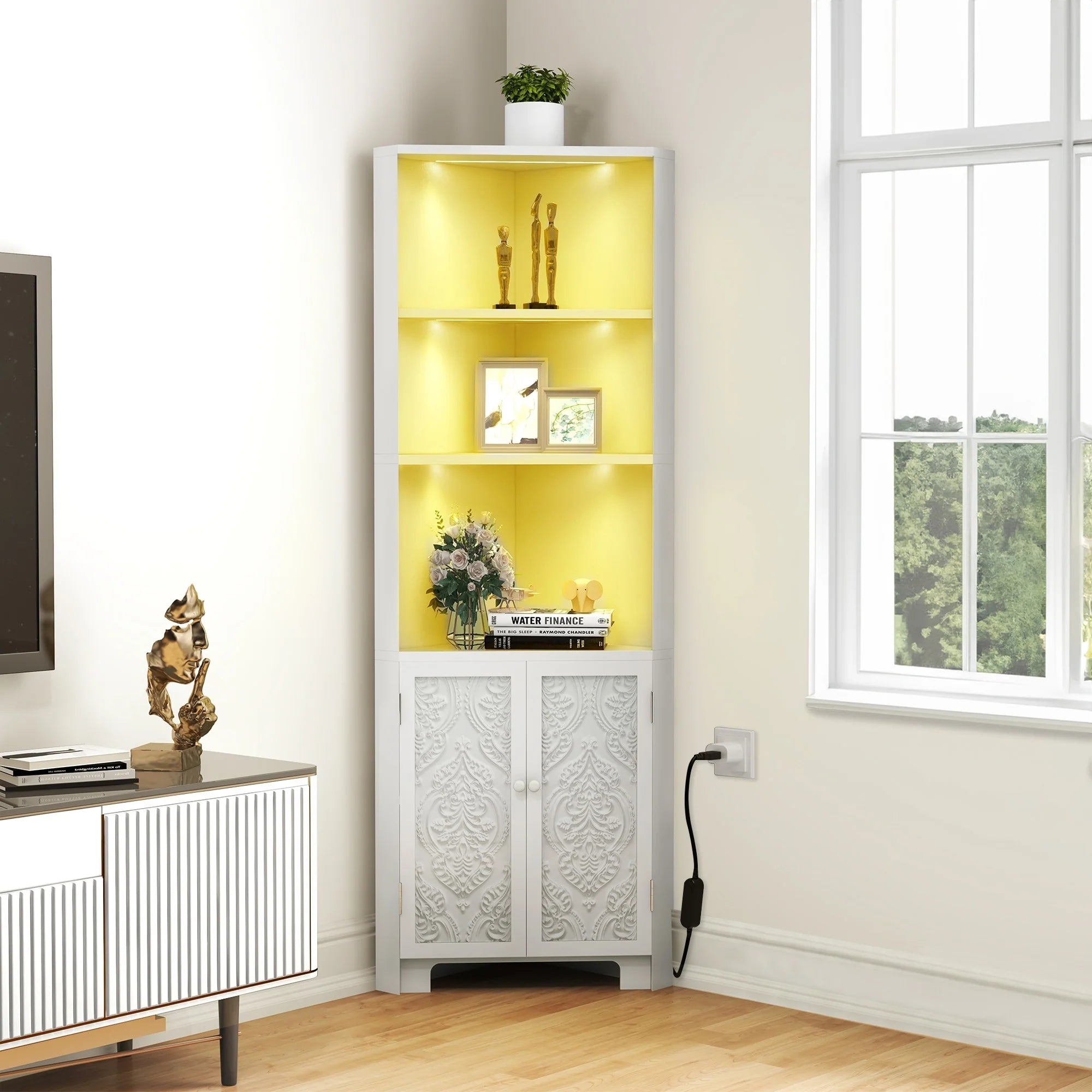 67" Tall Storage Corner Cabinet with LED Lights & 2 Carved Doors