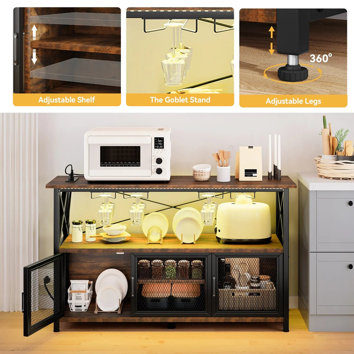 47" Wine Bar Cabinet with LED Lights Power Outlets Industrial Coffee Bar Cabinet - 47.2"L x 15.7"W x 33.4"H