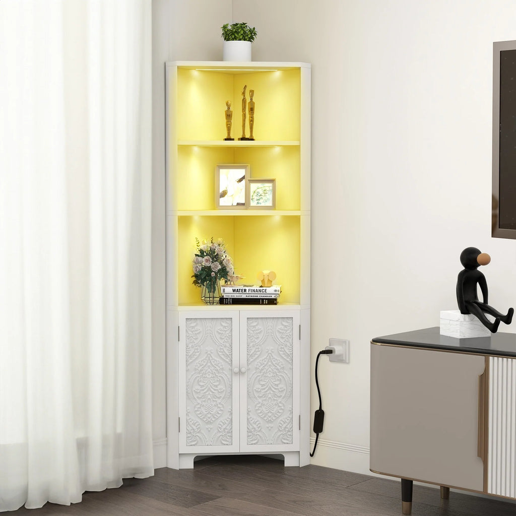 67" Tall Storage Corner Cabinet with LED Lights & 2 Carved Doors