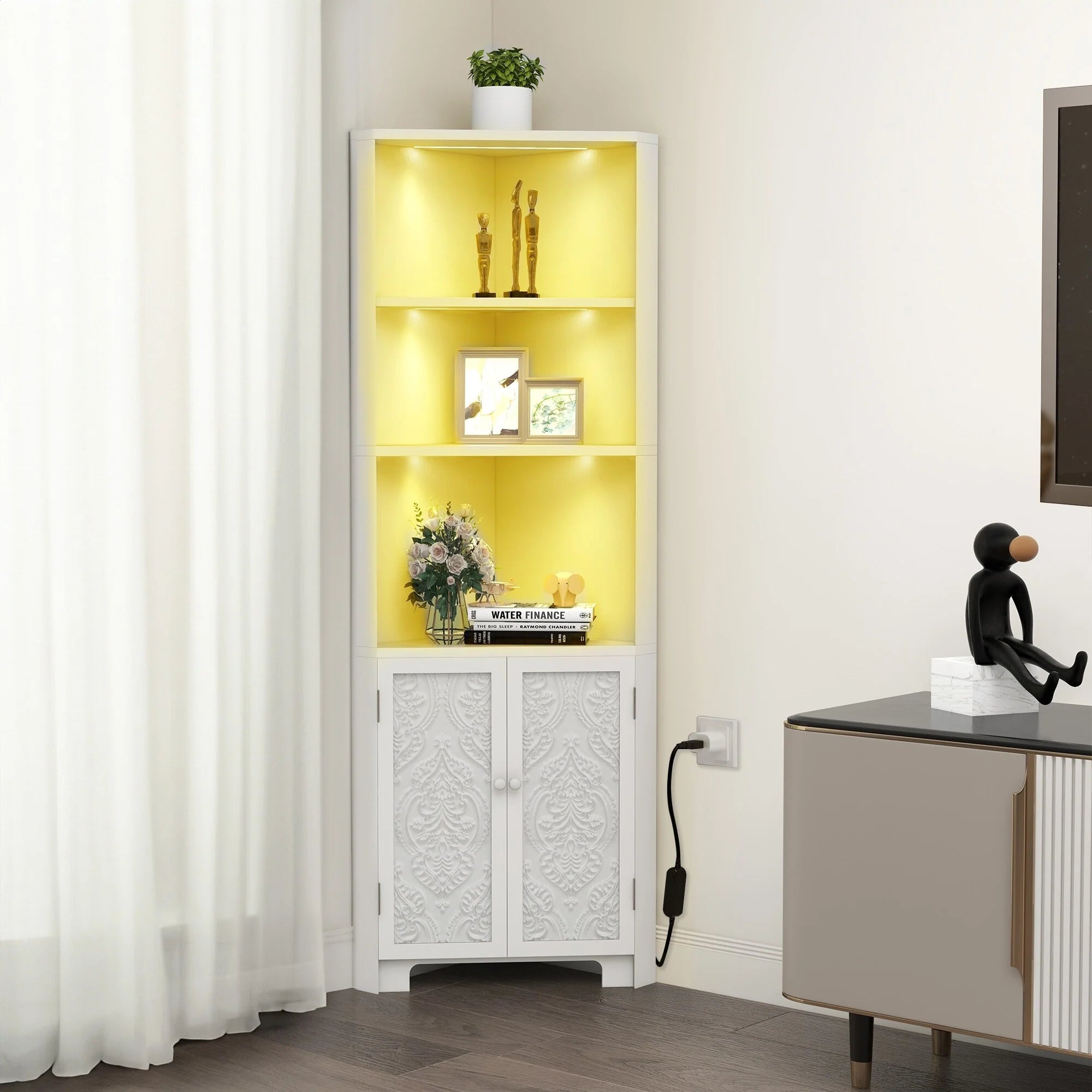 67" Tall Storage Corner Cabinet with LED Lights & 2 Carved Doors