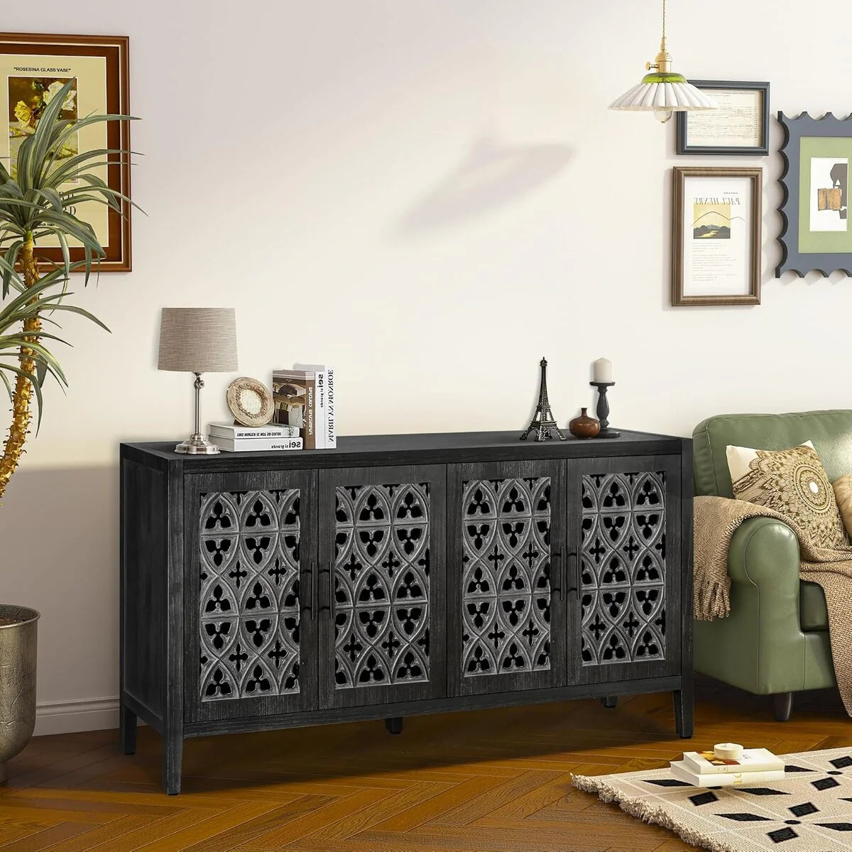 Roomfitters Hollow Four Door Antique Cabinet - American Country Style, Ideal for Living Room, TV Cabinet, Kitchen