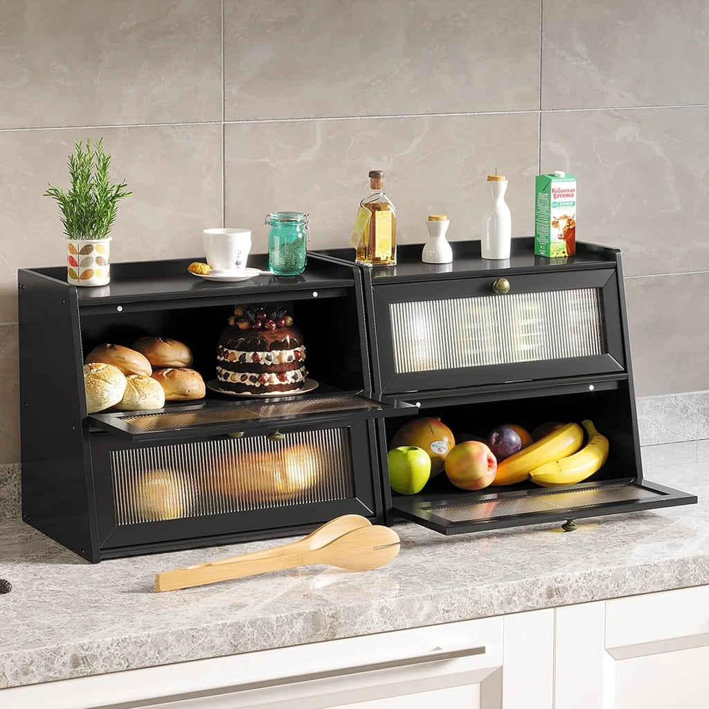 Double Layer Bamboo Bread Box for Kitchen Counter, Large Capacity Bread Storage Bin with Window Bread Holder.