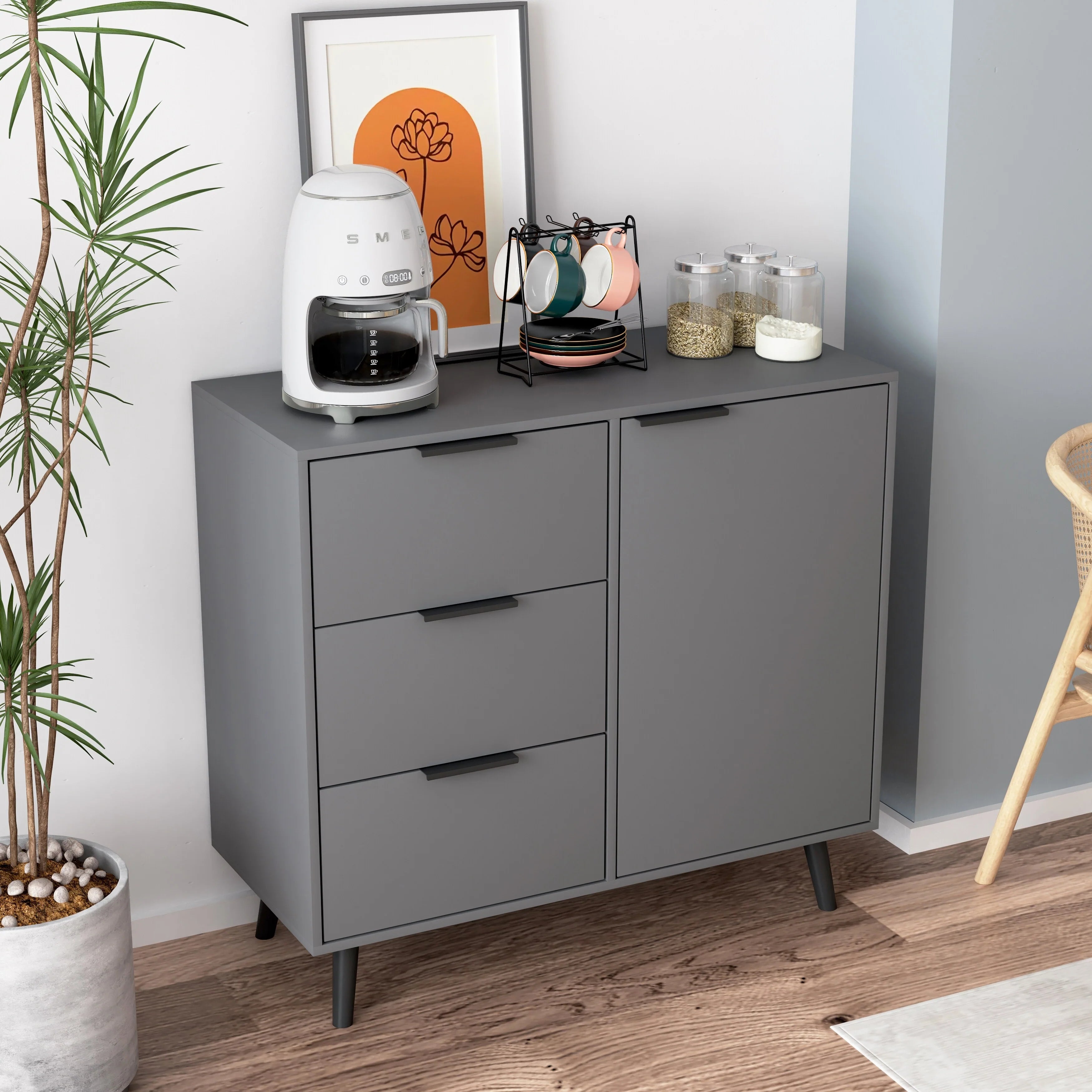 Sideboard Buffet Cabinet with Storage, Wood Coffee Bar Cabinet with Drawers & Doors