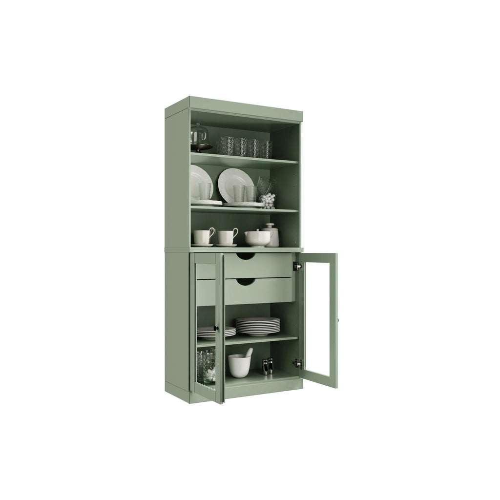 100% Solid Wood Kitchen Pantry Cabinet with 2 Clear Glass or Solid Wood Doors and 2-Drawer Organizer by Palace Imports