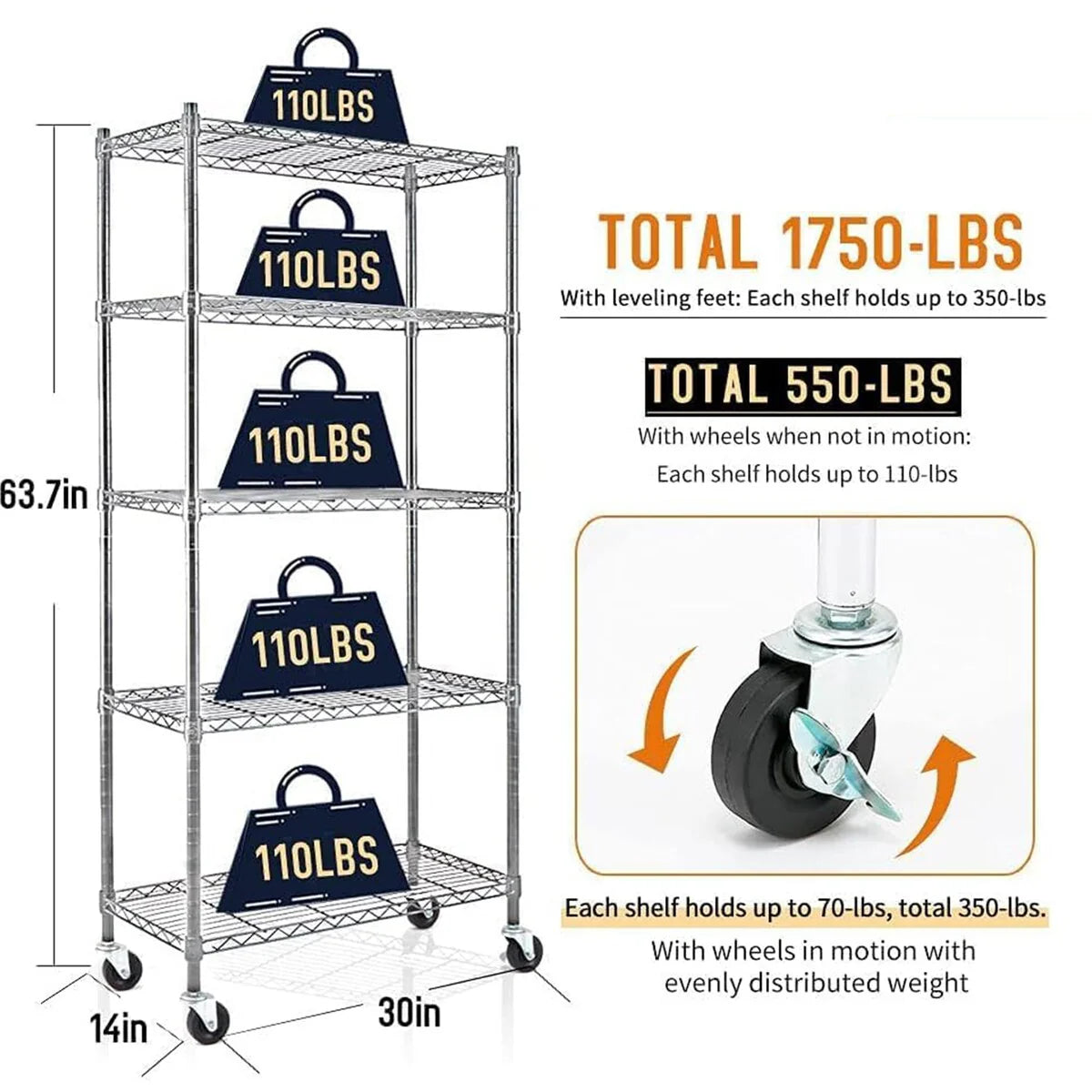 Chrome 4/5-Tier Steel Shelving with Wheels & Liners Heavy-Duty Storage