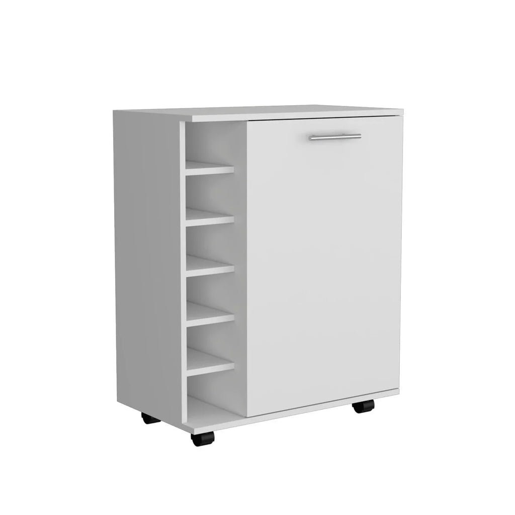 32" H white bar -coffee cart,living room cabinet storage with 4 wheels, with 6 bottle racks, a central shelf covered by 1 door