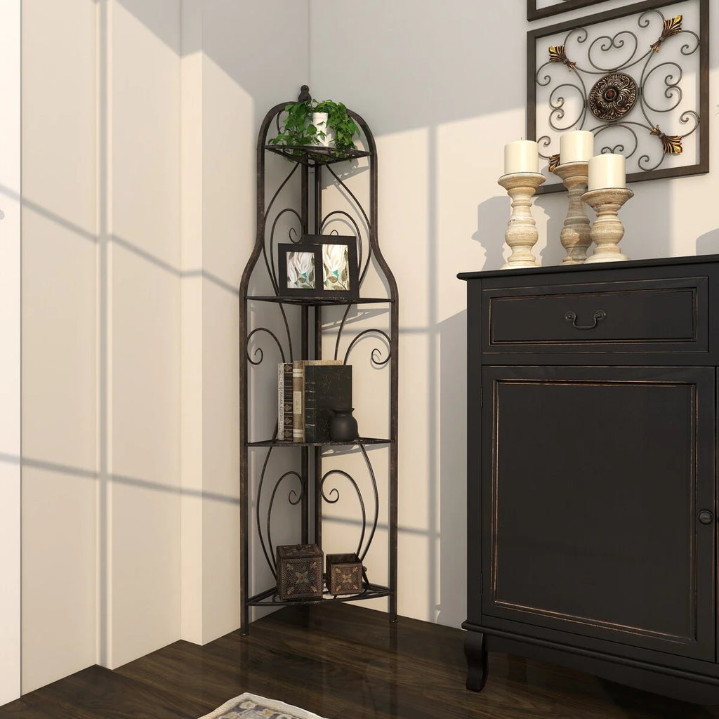 Metal Scroll Indoor Outdoor Arched Tall Folding Corner 4 Shelf Bakers Rack - Black - Roche River Decor