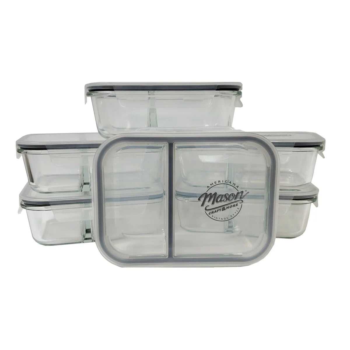 Mason Craft & More 33oz Rectangular 2.5 Section Glass Food Storage with Gray Gasket - Set of 6