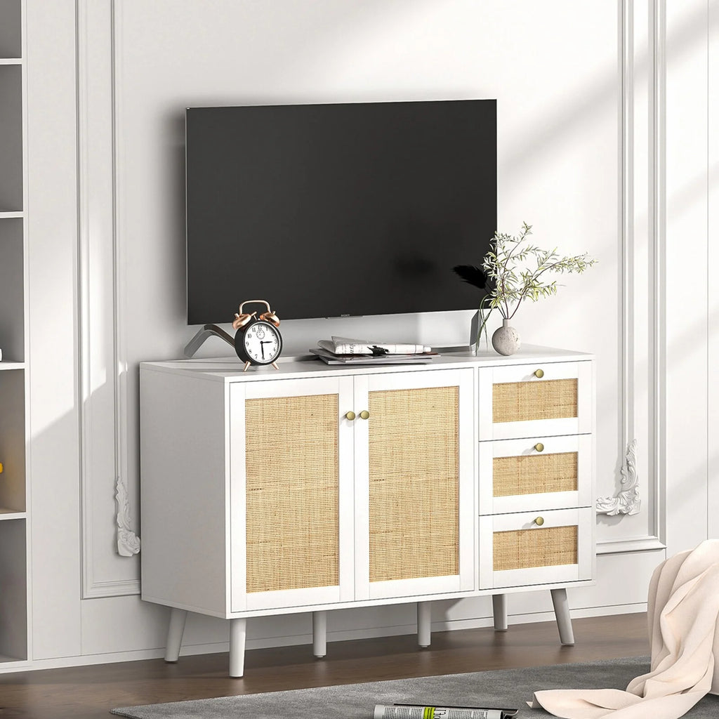 Anmytek Mid-Century Modern 2-Door Wood Rattan Buffet Sideboard Kitchen Storage Cabinet with 3 Drawers