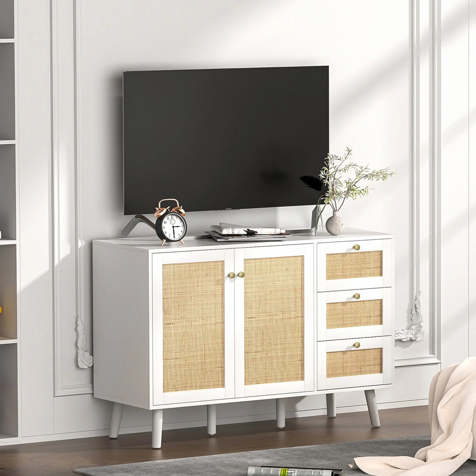 Anmytek Mid-Century Modern 2-Door Wood Rattan Buffet Sideboard Kitchen Storage Cabinet with 3 Drawers