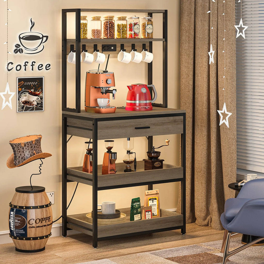 Kitchen Bakers Rack with Power Outlets, High Utility Storage Shelves Microwave Stand with Drawers