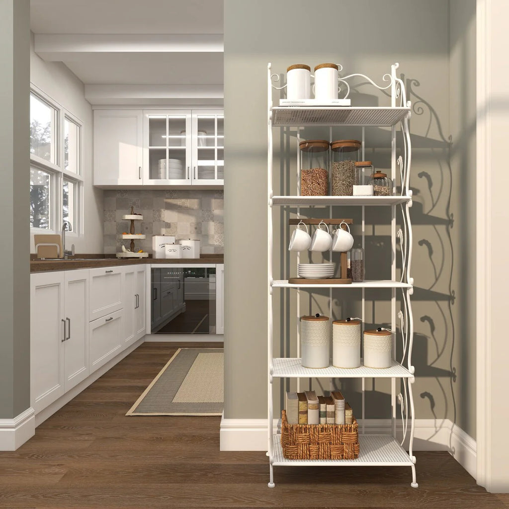 Metal Scroll Indoor Outdoor Tall Folding 5 Shelves Bakers Rack - Gold or White - Roche River Decor