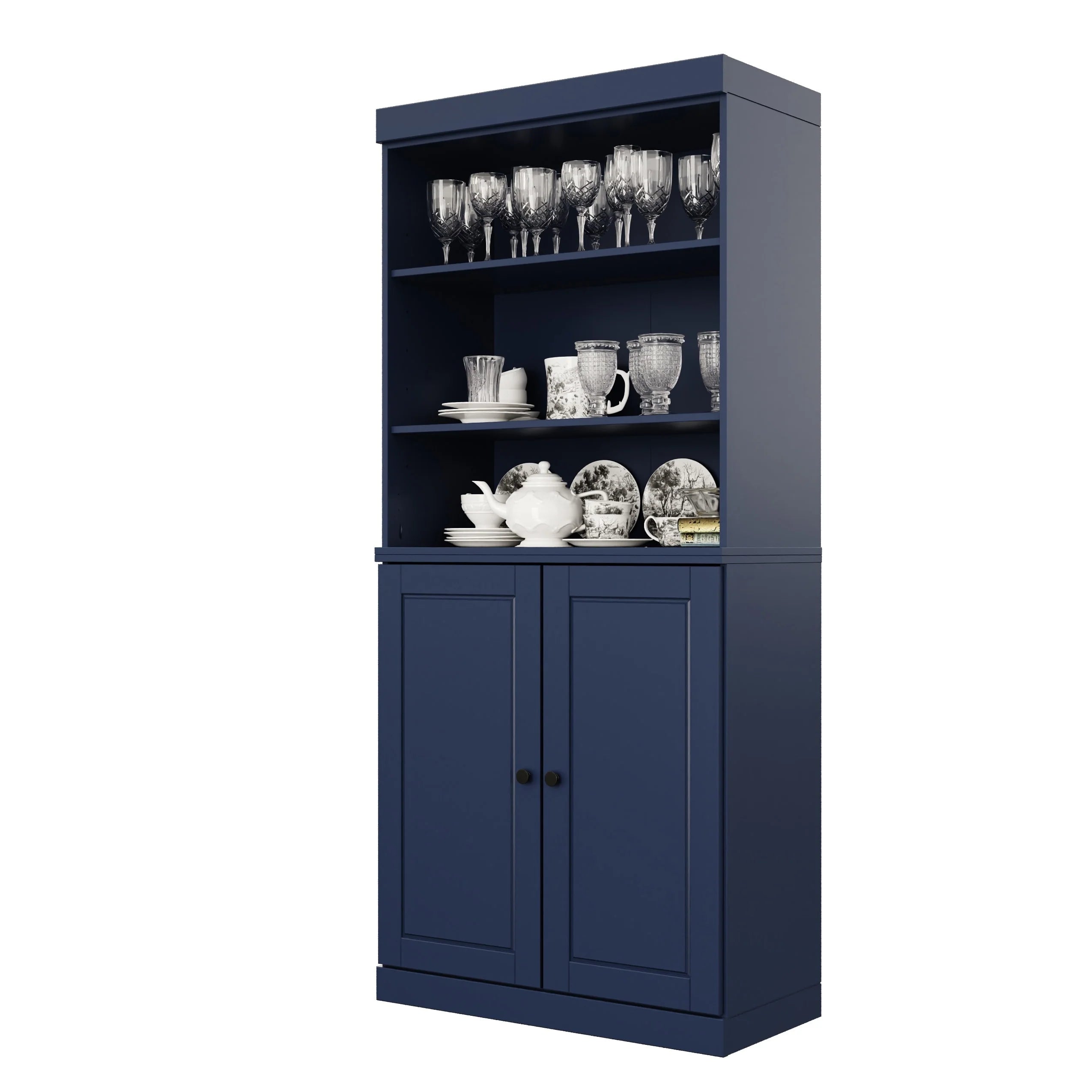 100% Solid Wood Kitchen Pantry Cabinet with 2 Clear Glass or Solid Wood Doors and 2-Drawer Organizer by Palace Imports