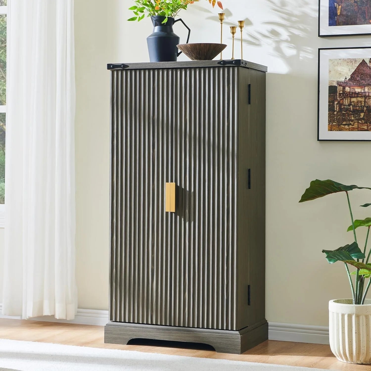 Modern Fluted Pantry Cabinet, Storage Cabinet, Wood Cupboard Organizer