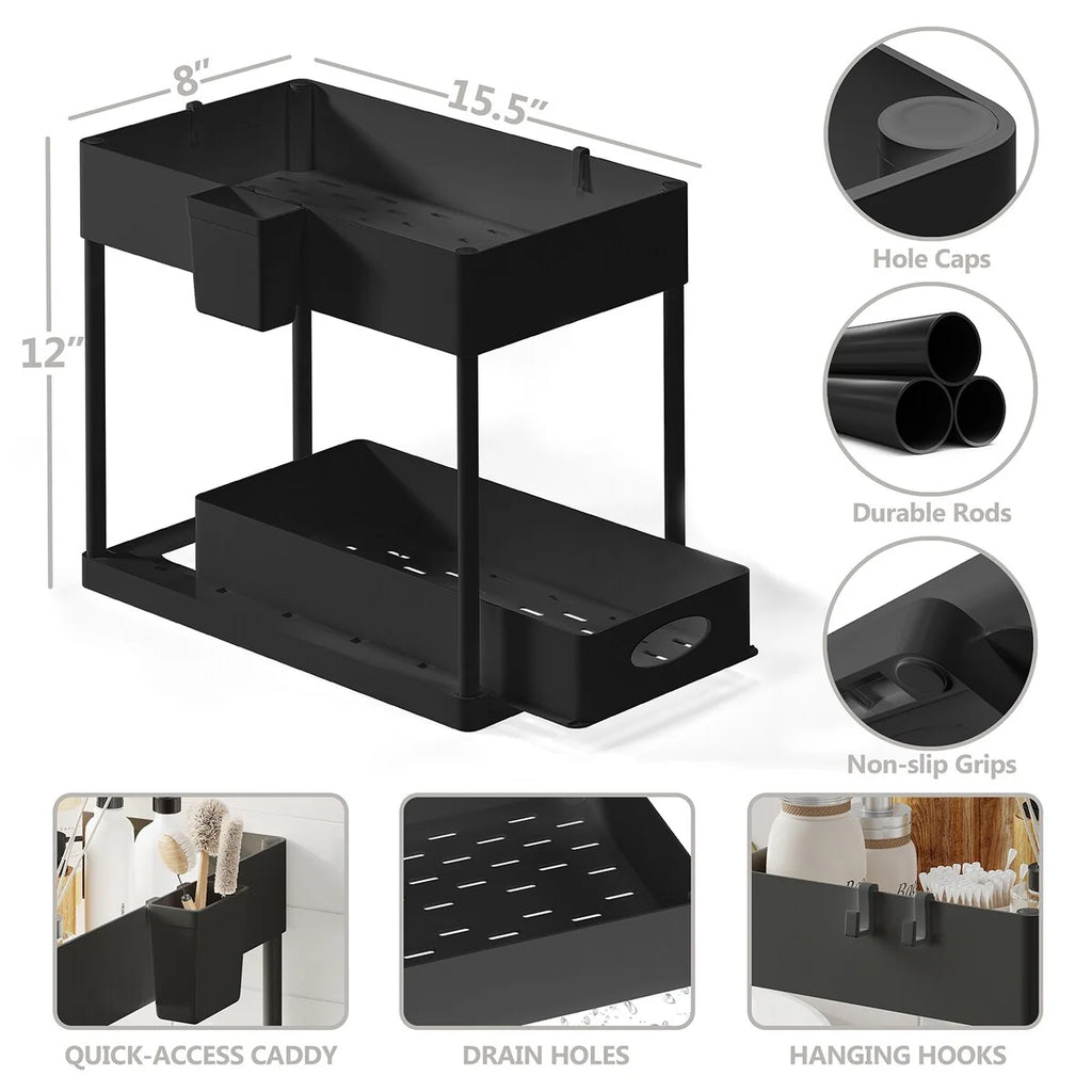 StorageBud 2 Tier Under Kitchen Sink Organizer with Sliding Drawer-Bathroom Cabinet Organizer with Utility Hooks and Side Caddy