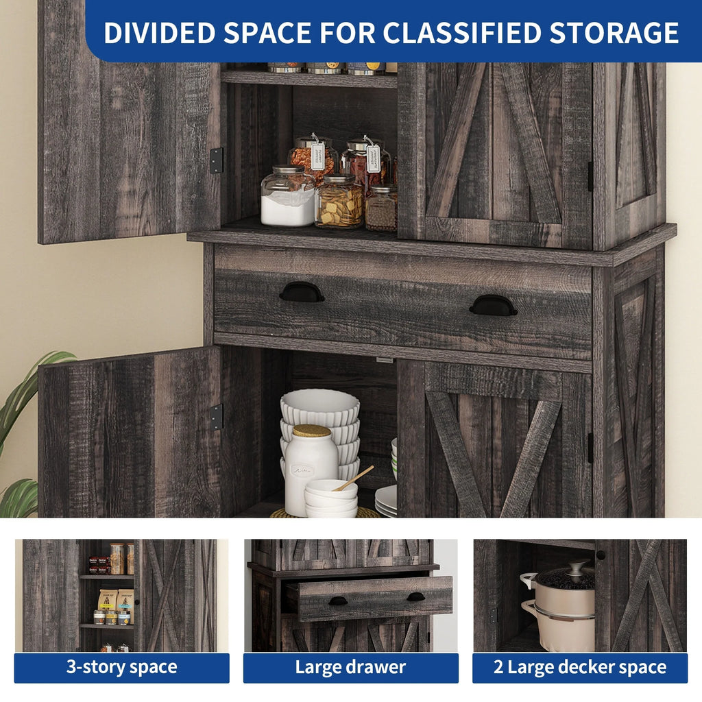 Moasis Farmhouse Freestanding 72'' Kitchen Pantry Storage Cabinet Cupboard with Drawer Adjustable Shelves