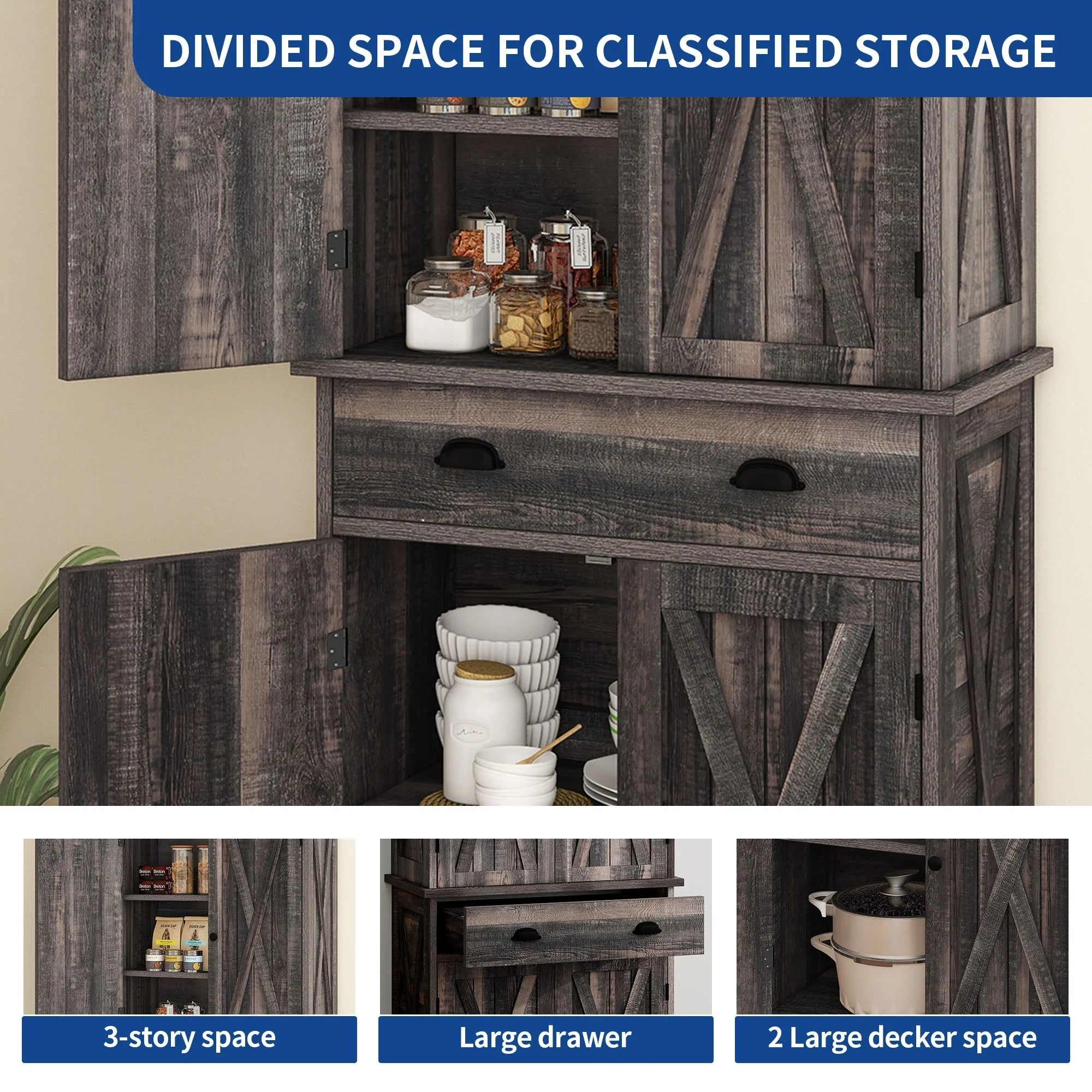 Moasis Farmhouse Freestanding 72'' Kitchen Pantry Storage Cabinet Cupboard with Drawer Adjustable Shelves