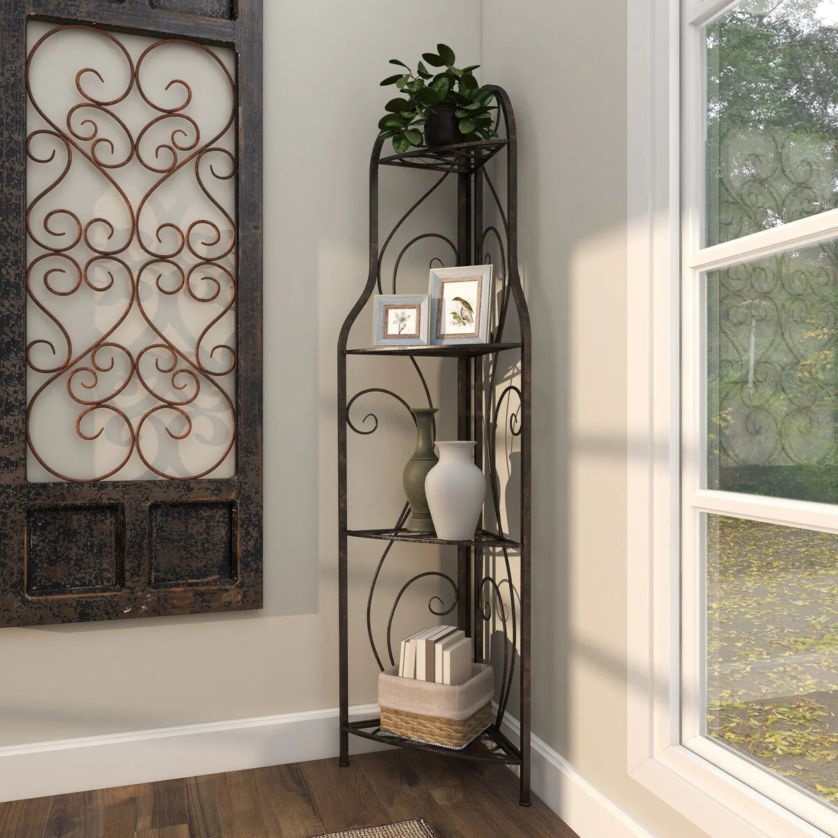 Metal Scroll Indoor Outdoor Arched Tall Folding Corner 4 Shelf Bakers Rack - Black - Roche River Decor