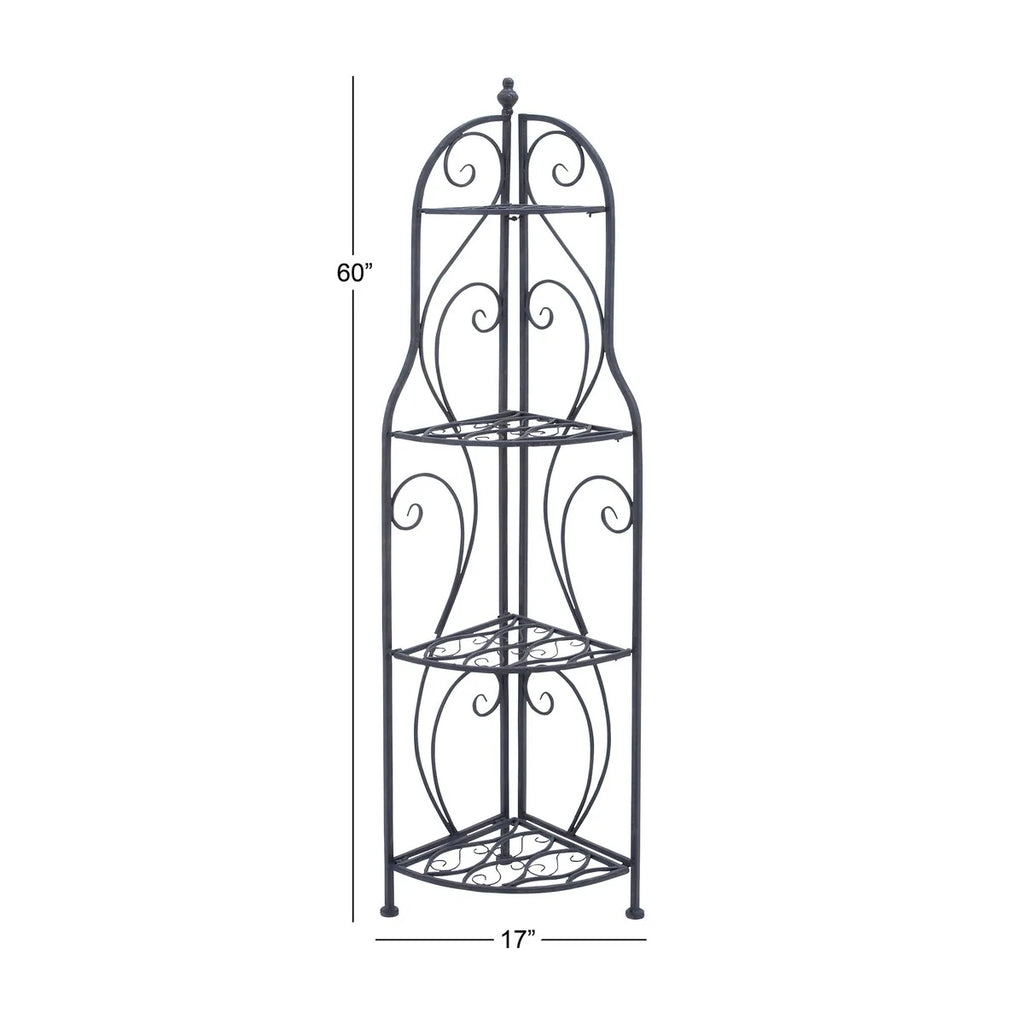 Metal Scroll Indoor Outdoor Arched Tall Folding Corner 4 Shelf Bakers Rack - Black - Roche River Decor