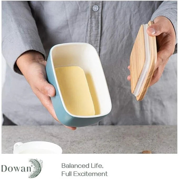 DOWAN 6.5" Large Butter Dish - Ceramic Butter Dish with Lid, Haze Blue