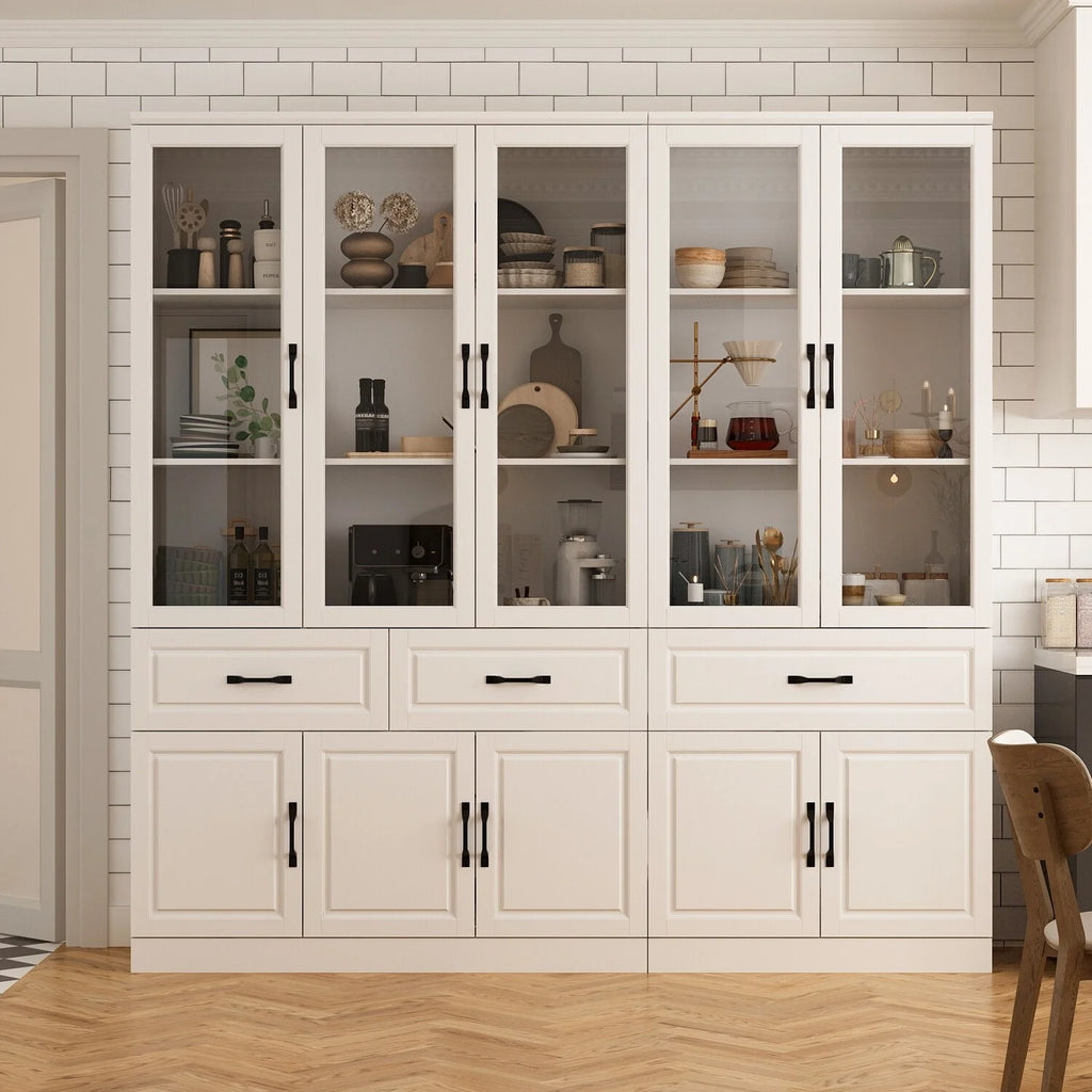 78.7"Modular White Curio Bookcase Cabinet w/Glass Doors Buffet Display