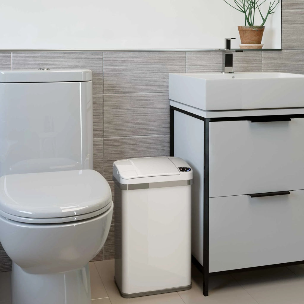 iTouchless 4 Gal White Stainless Steel Sensor Bathroom Trash Can